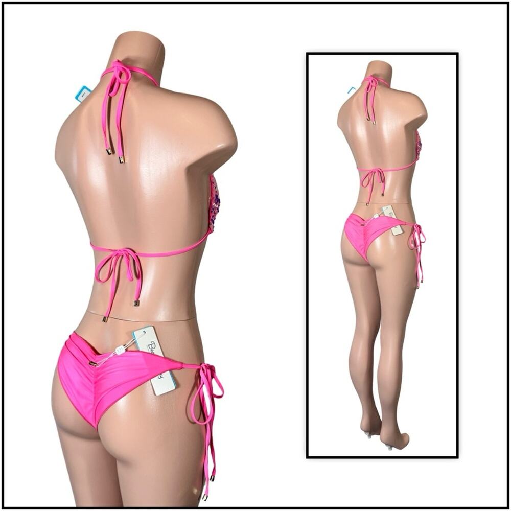 Beach Bunny Pink Icon DD Triangle Top & L Icon Tie Side Skimpy Bottom $250 - Picture 8 of 14